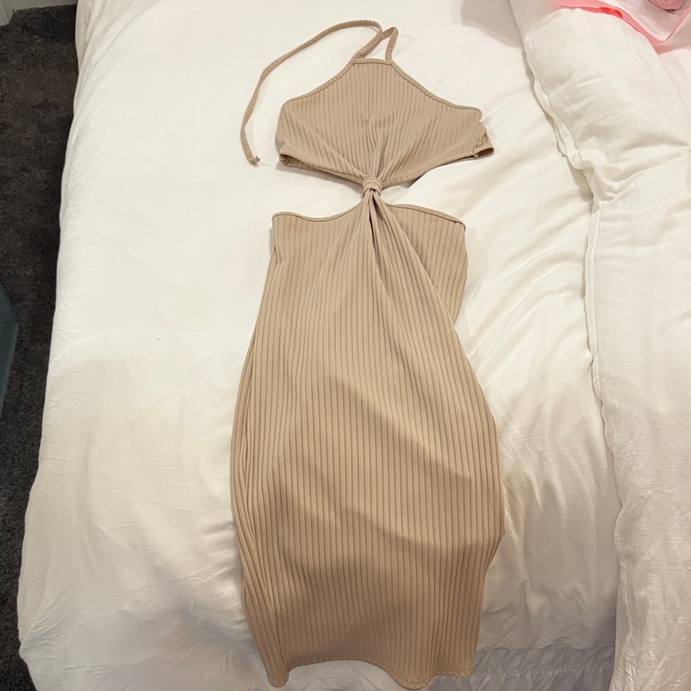 PrettyLittleThing Tan Backless Ribbed Dress
